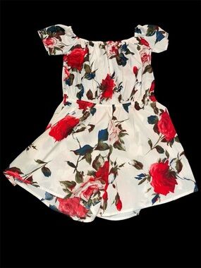 White Floral Off-Shoulder Romper with Red Rose Print